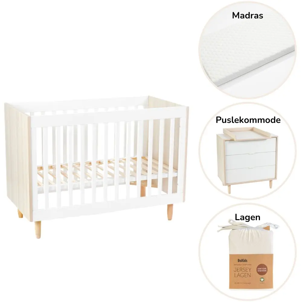 Karl Starterpakke   Seng, Puslekommode, Madras Og Lagen fra Bekids