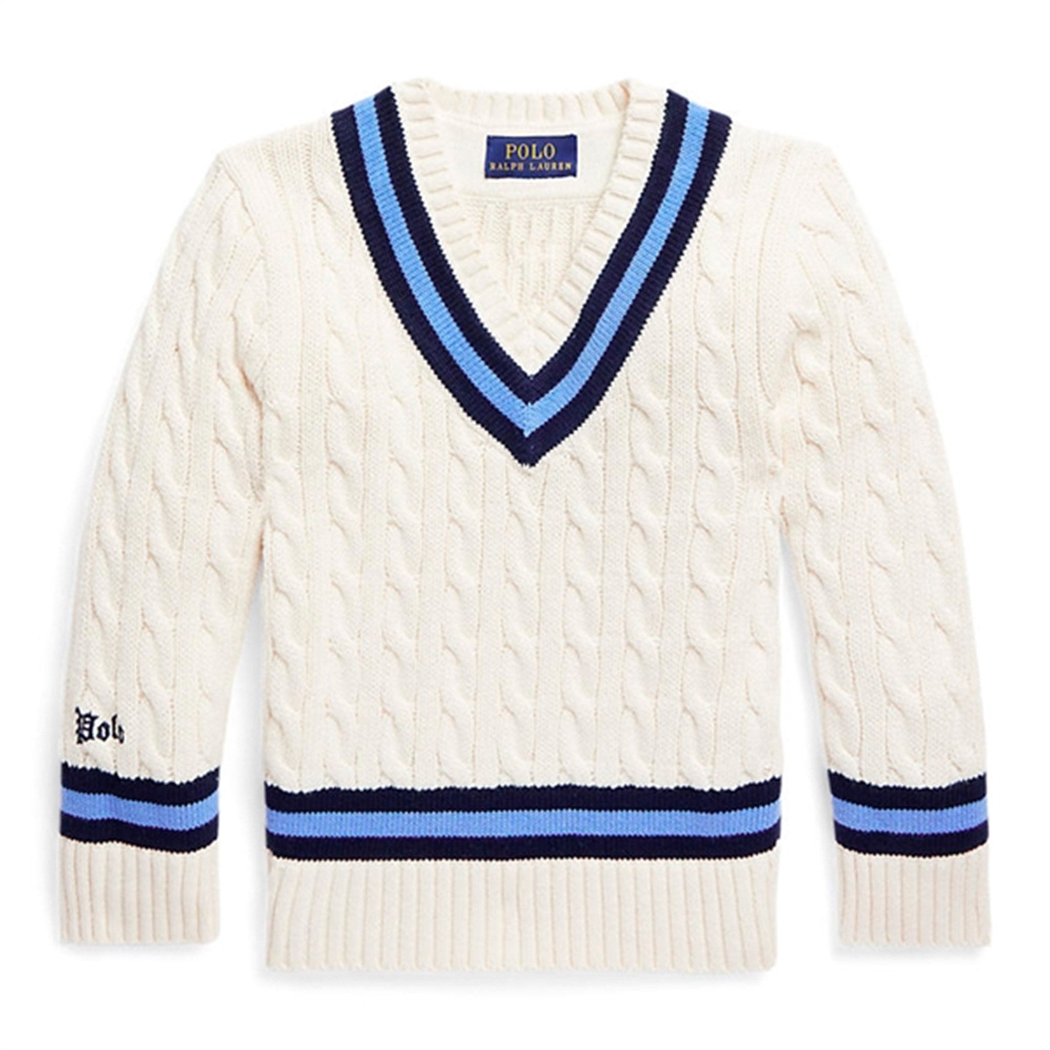 Cricket Striktrøje Cream White Navy Stripes   Str. L 14 16 år fra Polo Ralph Lauren