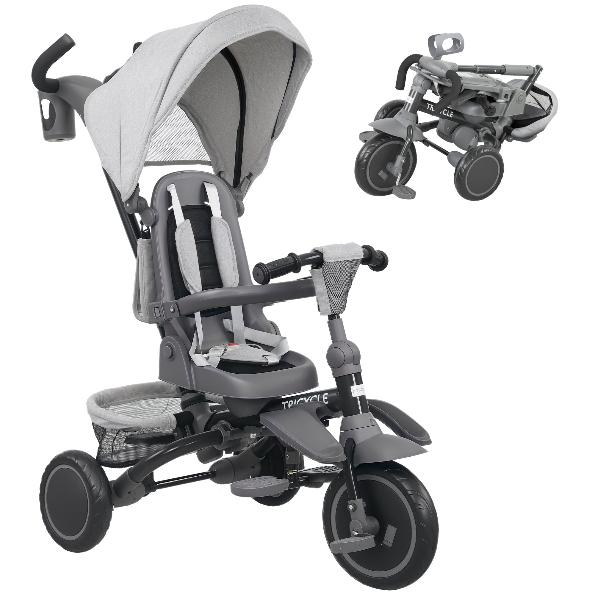 Børnetrecykel Klapvogn Til Småbørn Med Skubbehåndtag Justerbart Sæde Foldbart Design Sikkerhedsnet Grå