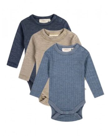 Body Med Lang ærme Rund Hals 100 økologisk Merino Uld Til Baby Pak Blue Rib Navy