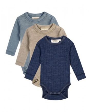 Body Med Lang ærme Rund Hals 100 økologisk Merino Uld Til Baby Pak Navy Rib Blue