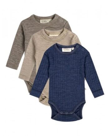 Body Med Lang ærme Rund Hals 100 økologisk Merino Uld Til Baby Pak Navy Rib Light Brown