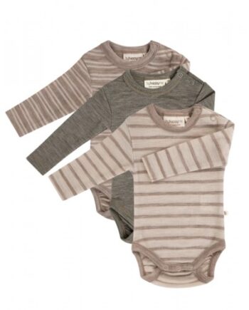 Body Med Lang ærme Rund Hals 100 økologisk Merino Uld Til Baby Pak Stribe: Beige Nature Melange