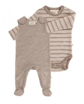 Pak Uldpakke Til Baby Romper Med Fødder   Body Med Knap 100 Merinould Beige Melange Beige Stribe