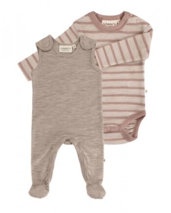 Pak Uldpakke Til Baby Romper Med Fødder   Body Med Knap 100 Merinould Beige Melange Soft Rose Stribe