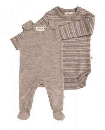 Pak Uldpakke Til Baby Romper Med Fødder   Body Med Knap 100 Merinould Beige Melange Stribe Beige