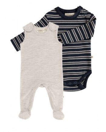 Pak Uldpakke Til Baby Romper Med Fødder   Body Med Knap 100 Merinould Nature Melange Navy Stribe