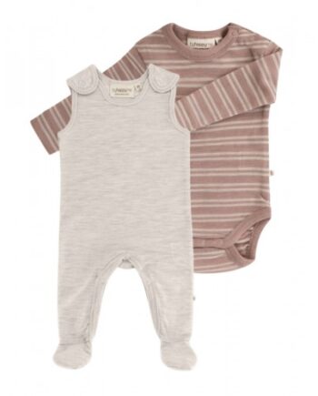 Pak Uldpakke Til Baby Romper Med Fødder   Body Med Knap 100 Merinould Nature Melange Soft Rose Stribe