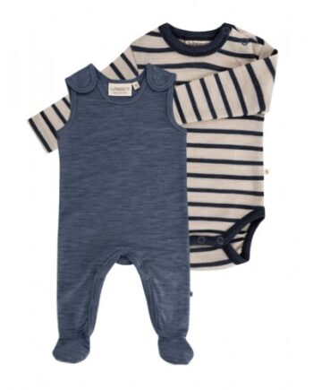 Pak Uldpakke Til Baby Romper Med Fødder   Body Med Knap 100 Merinould Navy Melange Navy Stribe